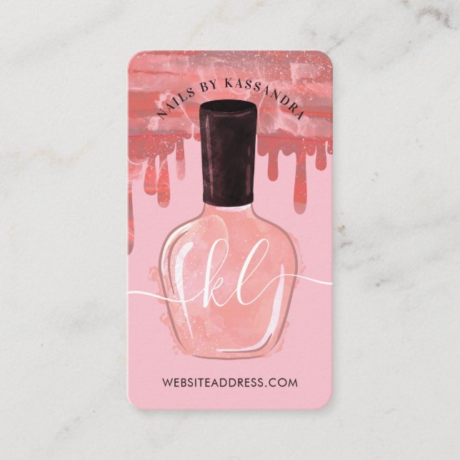 Glam Pink Drips Nail Polish Bottle Monogram Script Business Card (Front)