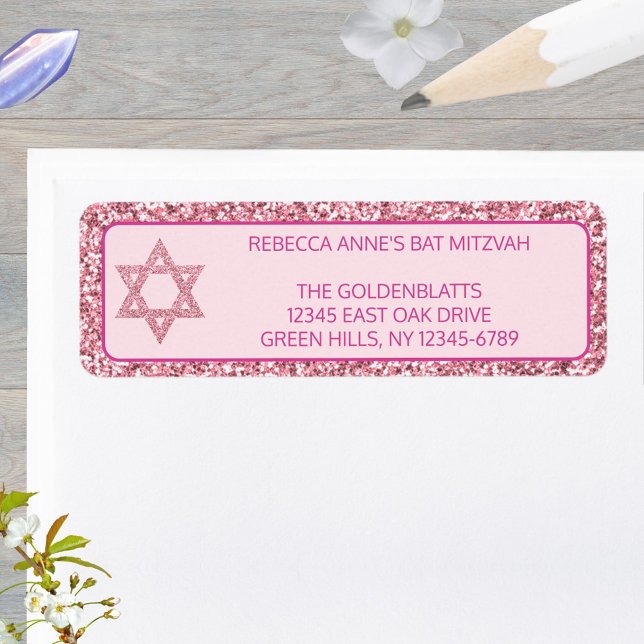 Glam Pink Élégante Étoile De David Bat mitzvah (These faux pink glitter return address labels are easy to personalize)