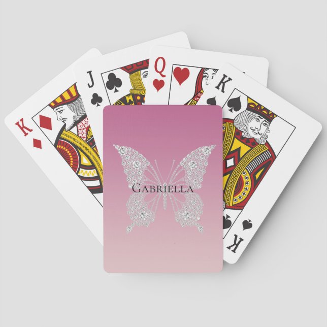 Glam Pink Faux Diamonds Butterfly  Playing Cards (Back)
