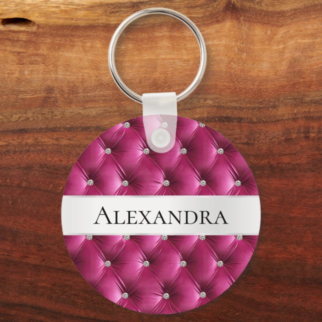Glam Pink faux Velvet Luxury Name Keychain (Front)