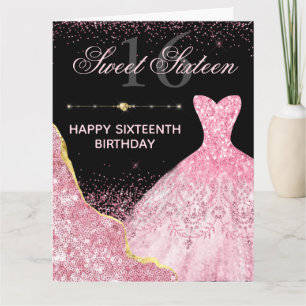 Glam Pink Glitter Ball Gown Sweet Sixteen Card