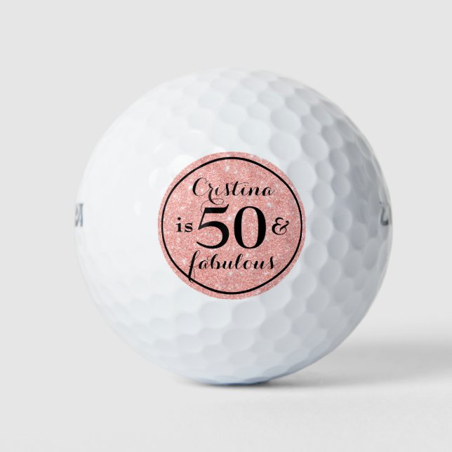 Glam Pink Glitter Black Personalized 50 & Fabulous Golf Balls (Front)