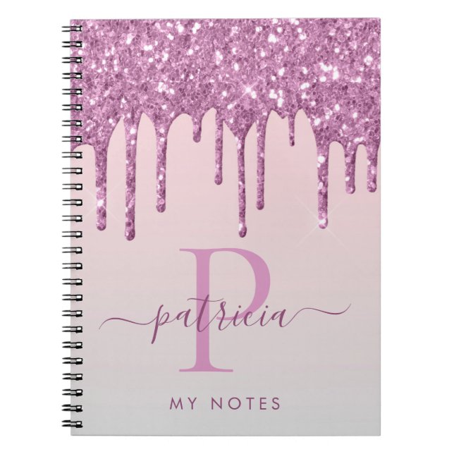 Glam Pink Glitter Drips Elegant Monogram Notebook (Front)