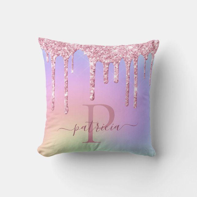 Glam Pink Glitter Drips Elegant Monogram Throw Pil Pillow (Front)