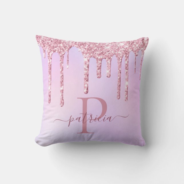 Glam Pink Glitter Drips Elegant Monogram Throw Pillow (Front)