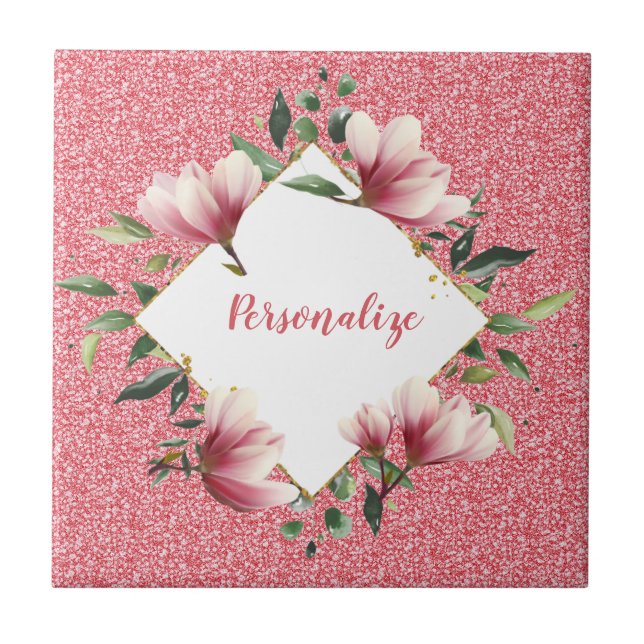 Glam Pink Glitter Flower Frame Sparkle Personalize Tile (Front)