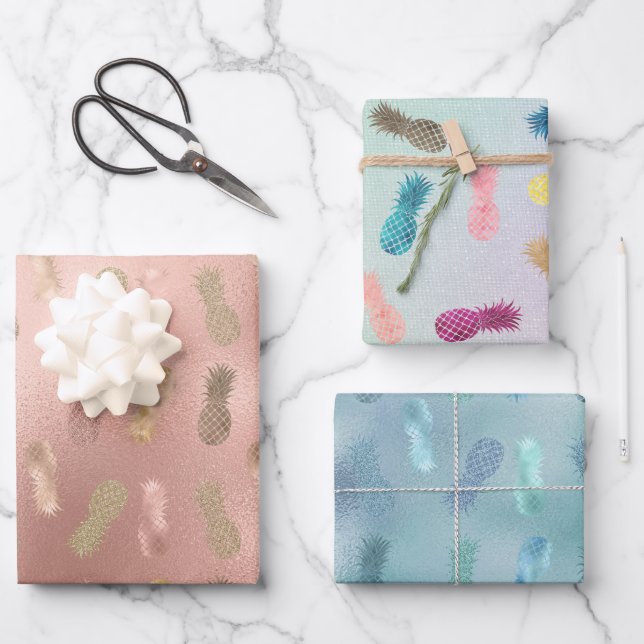 Glam Pink Glitter Gold Pineapples Wrapping Paper Sheet (Front)