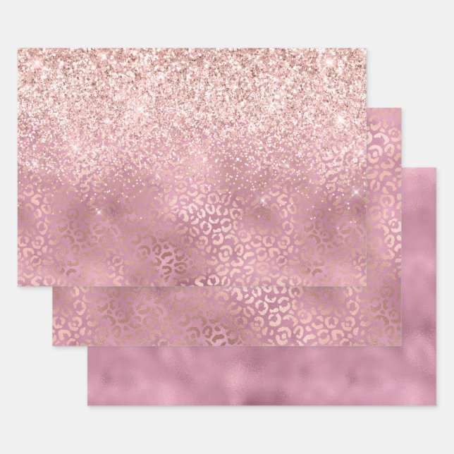 Glam Pink Glitzy Glitter Leopard Print Wrapping Paper Sheet (Set)