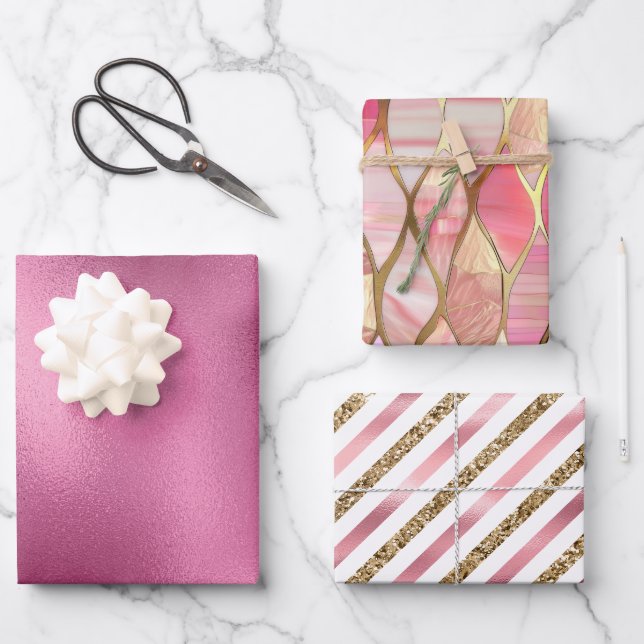 Glam Pink Glitzy Glitter Wrapping Paper Sheet (Front)