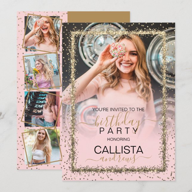 Glam Pink Gold Confetti Border Photo Birthday Invitation (Front/Back)