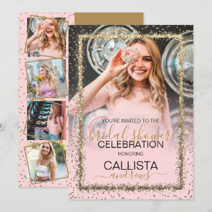 Glam Pink Gold Confetti Border Photo Bridal Shower Invitation