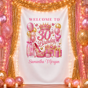 Glam Pink Gold Glitter 30th Birthday Backdrop Tapestry