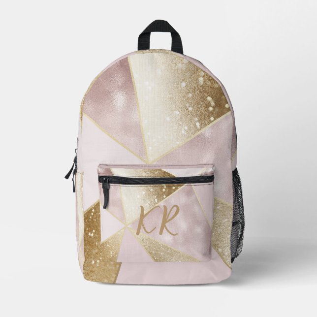 Glam Pink Gold Glitter Geometric Personalized Printed Backpack (Front)
