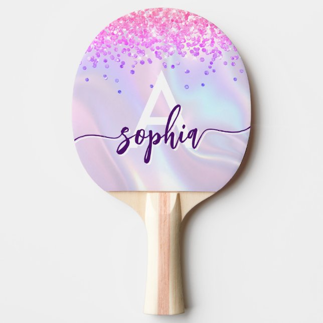 Glam Pink Gold Glitter Monogram Script Purple Ping Pong Paddle (Front)
