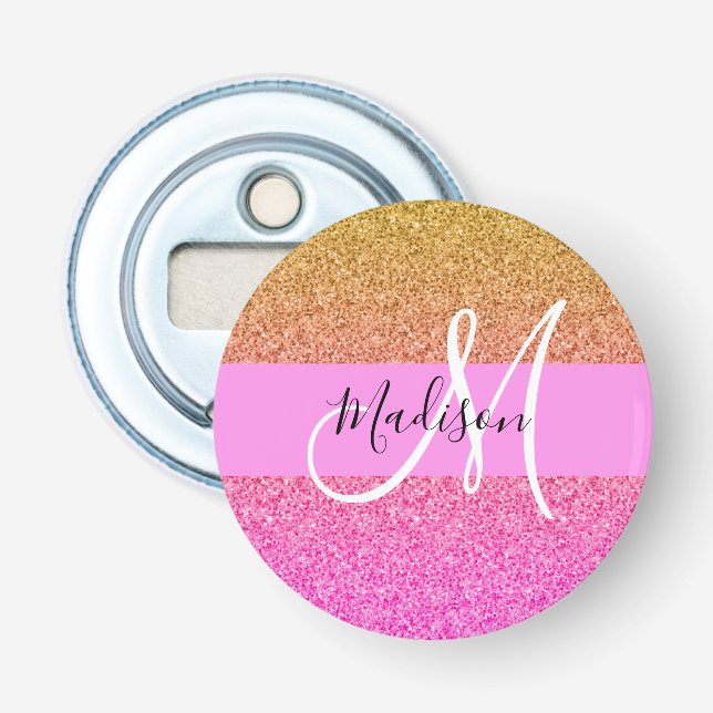 Glam Pink & Gold Glitter Sparkle Gradient Monogram Bottle Opener (Front)