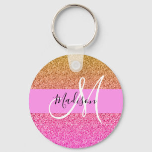 Glam Pink & Gold Glitter Sparkle Gradient Monogram Keychain
