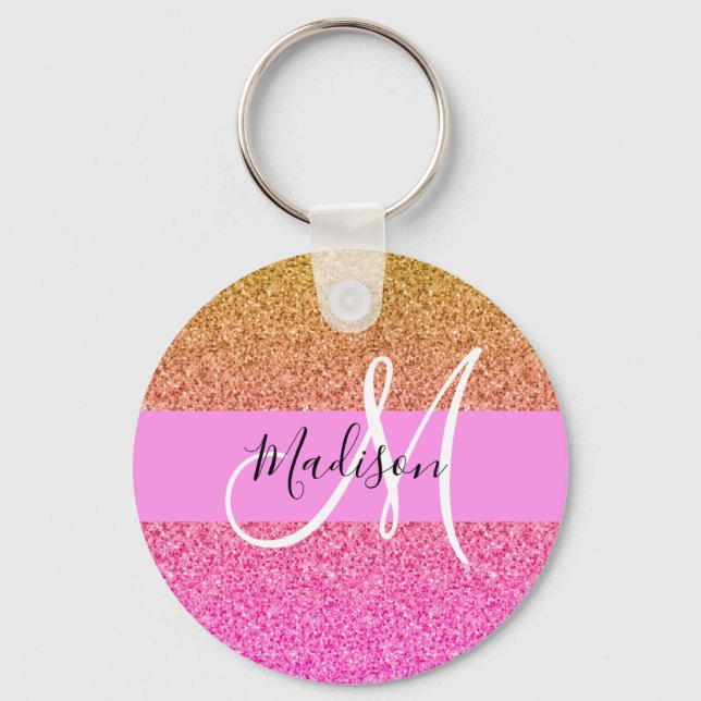 Glam Pink & Gold Glitter Sparkle Gradient Monogram Keychain (Front)