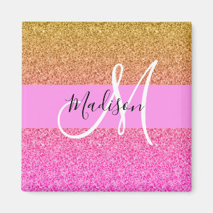 Glam Pink & Gold Glitter Sparkle Gradient Monogram Magnet