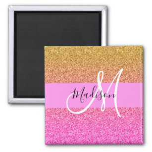 Glam Pink & Gold Glitter Sparkle Gradient Monogram Magnet
