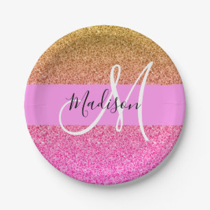 Glam Pink & Gold Glitter Sparkle Gradient Monogram Paper Plate