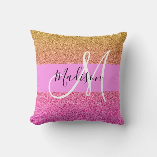 Glam Pink & Gold Glitter Sparkle Gradient Monogram Throw Pillow (Front)