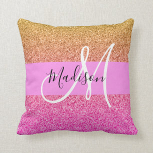 Glam Pink & Gold Glitter Sparkle Gradient Monogram Throw Pillow