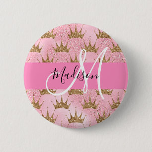 Glam Pink & Gold Glitter Sparkles Crowns Monogram 2 Inch Round Button