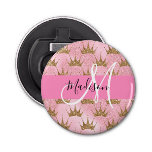 Glam Pink & Gold Glitter Sparkles Crowns Monogram Bottle Opener