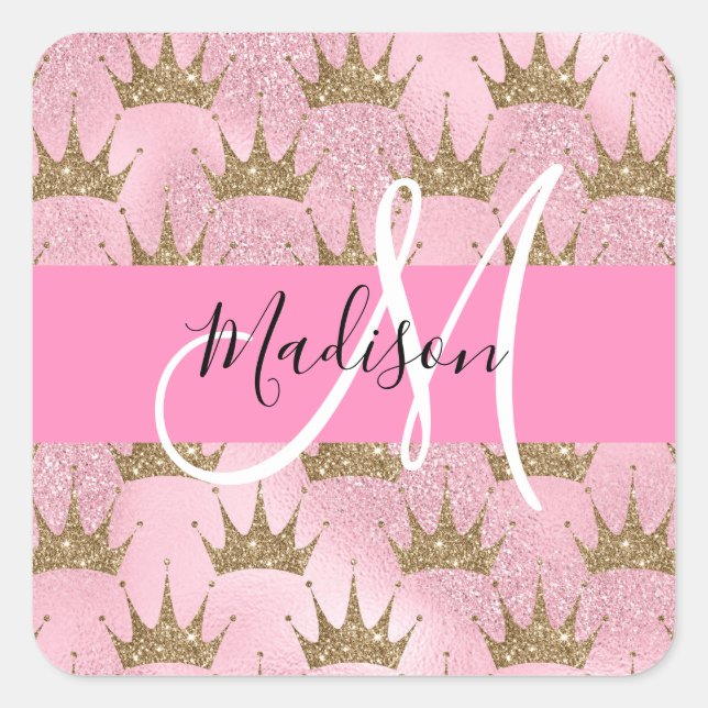 Glam Pink & Gold Glitter Sparkles Crowns Monogram Square Sticker (Front)