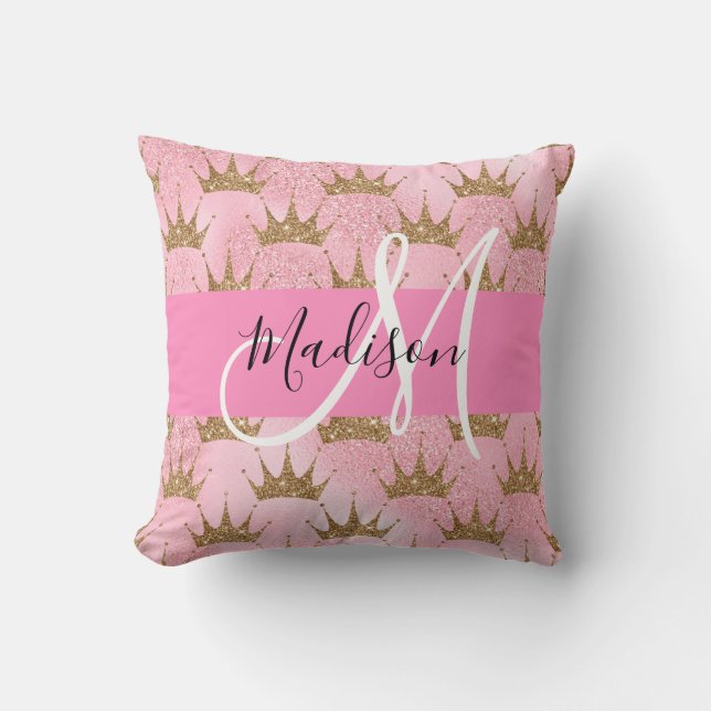 Glam Pink & Gold Glitter Sparkles Crowns Monogram Throw Pillow (Front)