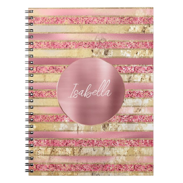 Glam Pink Gold Glitter Stripes Notebook (Front)