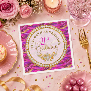 Glam Pink Gold Jewelled Strata 21st Birthday Napkin