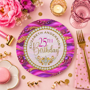 Glam Pink Gold Jewelled Strata 25th Birthday Paper Plate