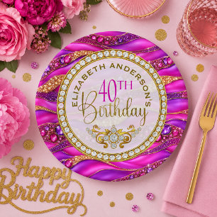 Glam Pink Gold Jewelled Strata 40th Birthday Paper Plate