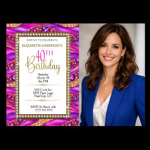 Glam Pink Gold Jewelled Strata 40th Birthday Photo Invitation