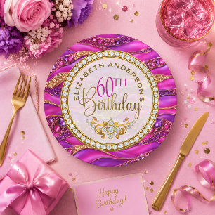 Glam Pink Gold Jewelled Strata 60th Birthday Paper Plate