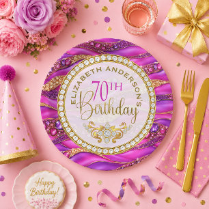 Glam Pink Gold Jewelled Strata 70th Birthday Paper Plate