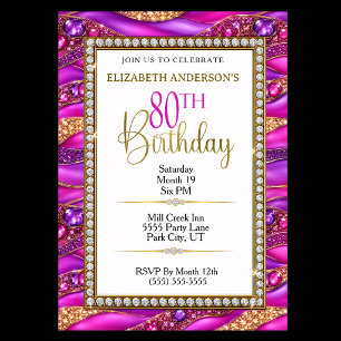 Glam Pink Gold Jewelled Strata 80th Birthday Invitation