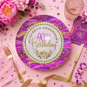Glam Pink Gold Jewelled Strata 90th Birthday Paper Plate
