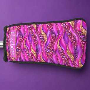Glam Pink Gold Jewelled Strata Personalized Golf Head Cover