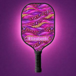 Glam Pink Gold Jewelled Strata Personalized Pickleball Paddle