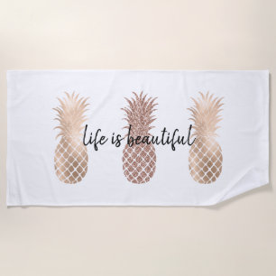 Glam Pink Gold Pineapples Beach Towel