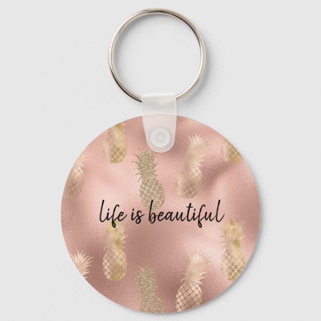 Glam Pink Gold Pineapples Keychain (Front)