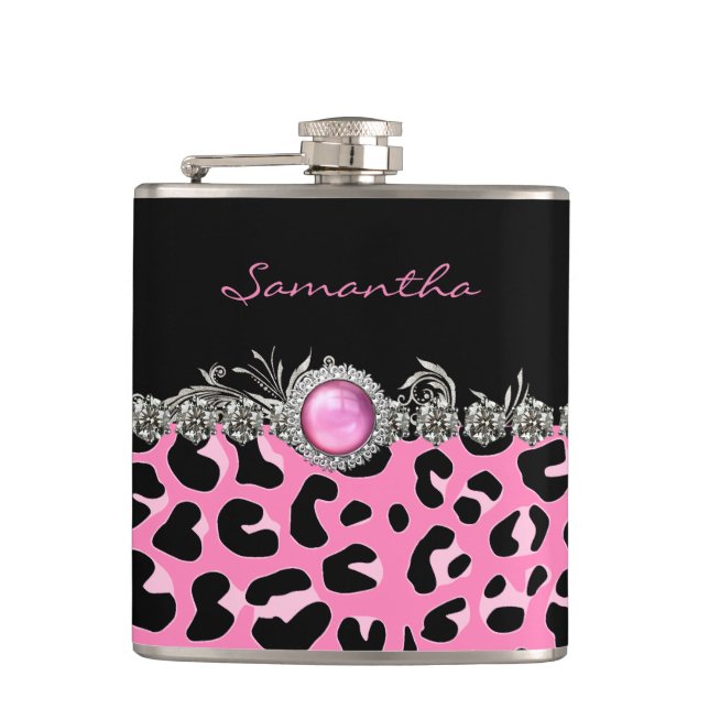 Glam Pink Jaguar Print Custom Flask (Front)