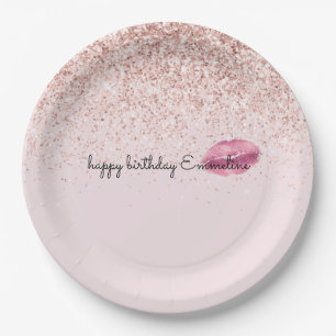 Glam Pink Kiss Lips Blush Glitter      Paper Plate