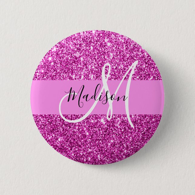Glam Pink & Magenta Glitter Sparkle Monogram Name 2 Inch Round Button (Front)