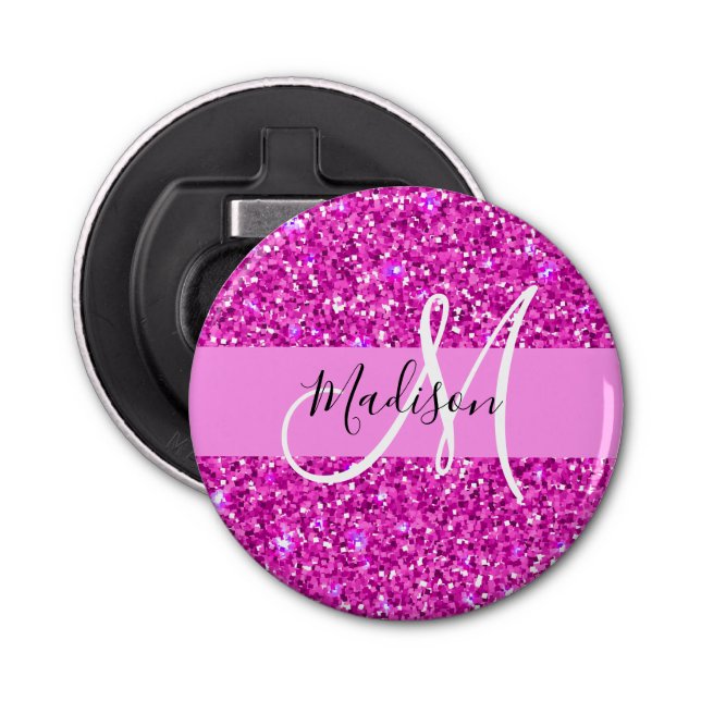 Glam Pink & Magenta Glitter Sparkle Monogram Name Bottle Opener (Front)