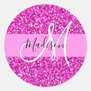 Glam Pink & Magenta Glitter Sparkle Monogram Name Classic Round Sticker