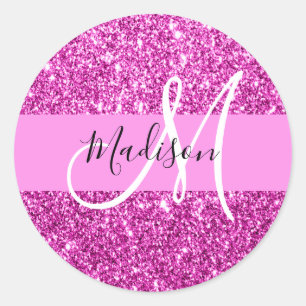 Glam Pink & Magenta Glitter Sparkle Monogram Name Classic Round Sticker