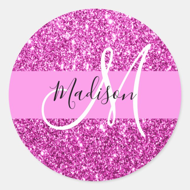 Glam Pink & Magenta Glitter Sparkle Monogram Name Classic Round Sticker (Front)
